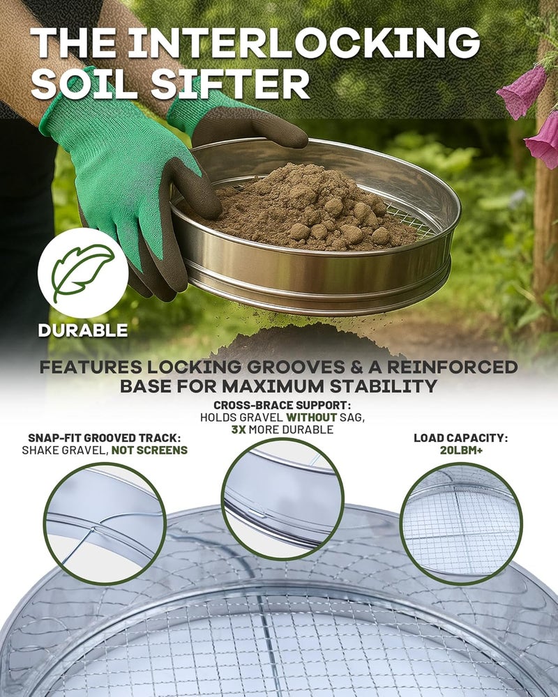 HIPULX 5-in-1 Soil Sifter Set with 5 Replaceable Stainless Steel Mesh Screen & Shovel (1/8" to 1/2"), Soil Sifter for Soils, Compost, Bonsai, Cat Litter and More（11-5/8" Diameter） - Image 4